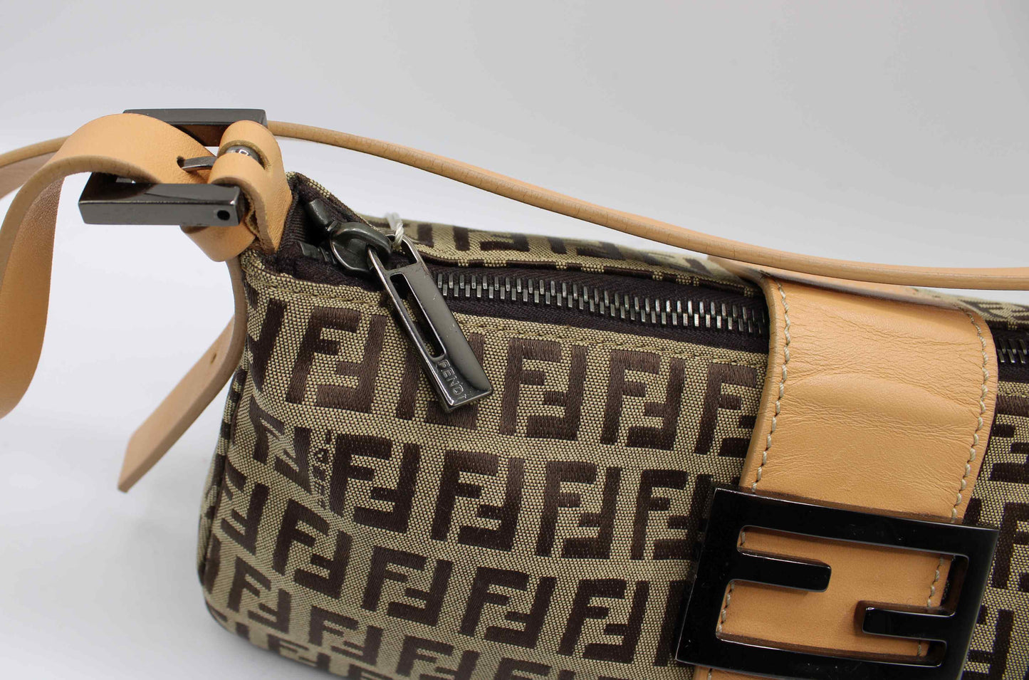 Fendi Beige Zucca Canvas Leather Baguette Shoulder Bag