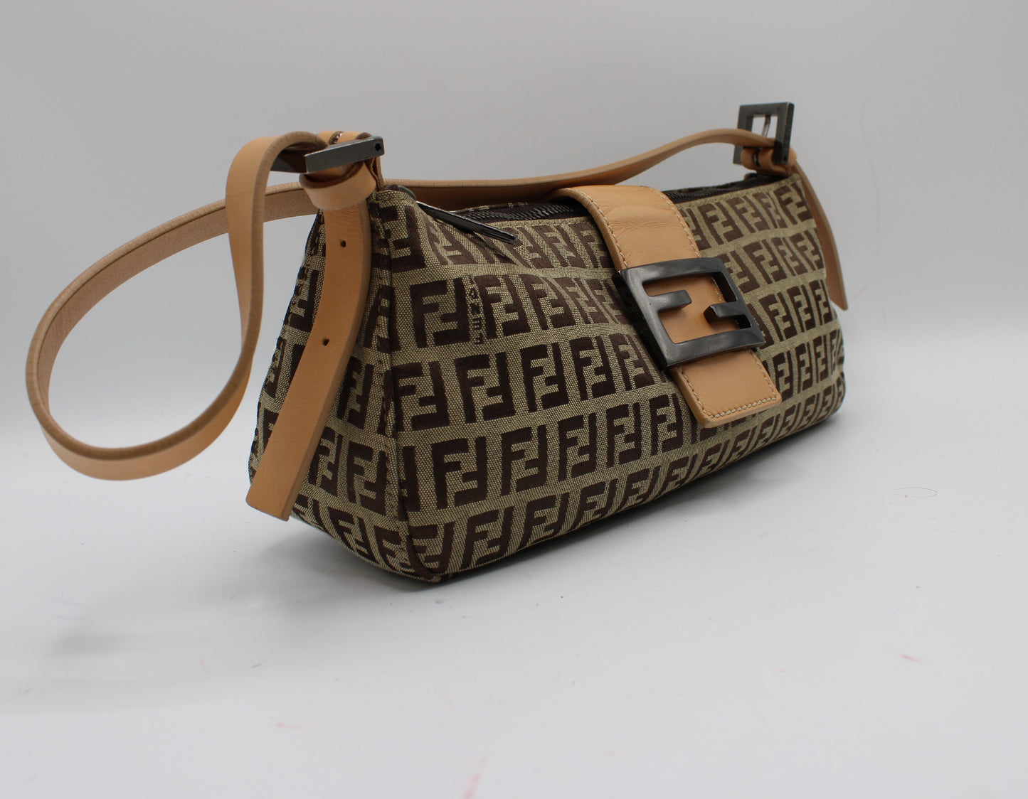 Fendi Beige Zucca Canvas Leather Baguette Shoulder Bag