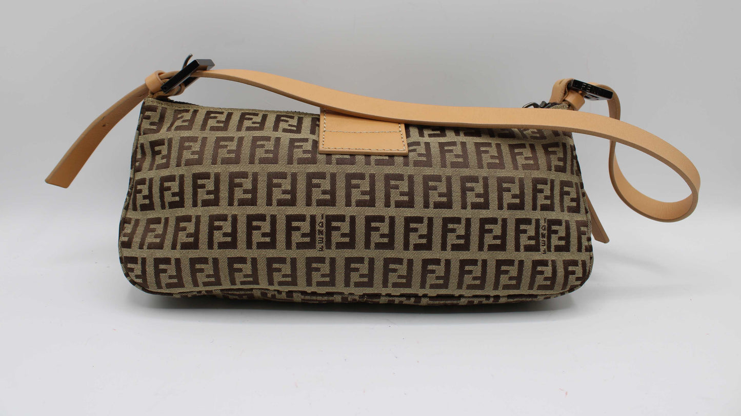 Fendi Beige Zucca Canvas Leather Baguette Shoulder Bag