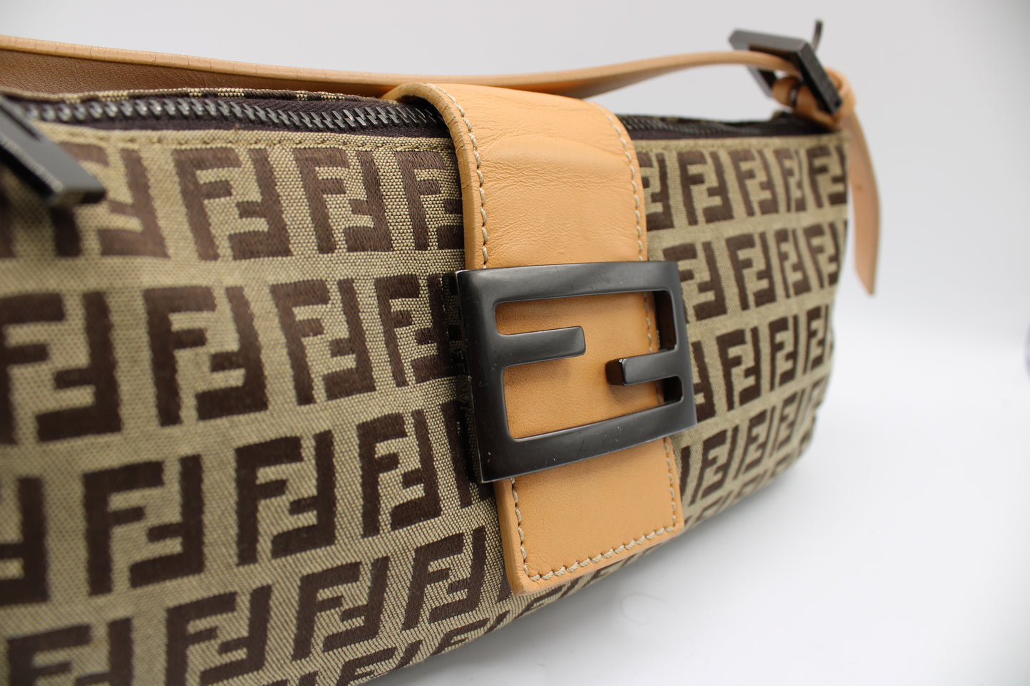 Fendi Beige Zucca Canvas Leather Baguette Shoulder Bag