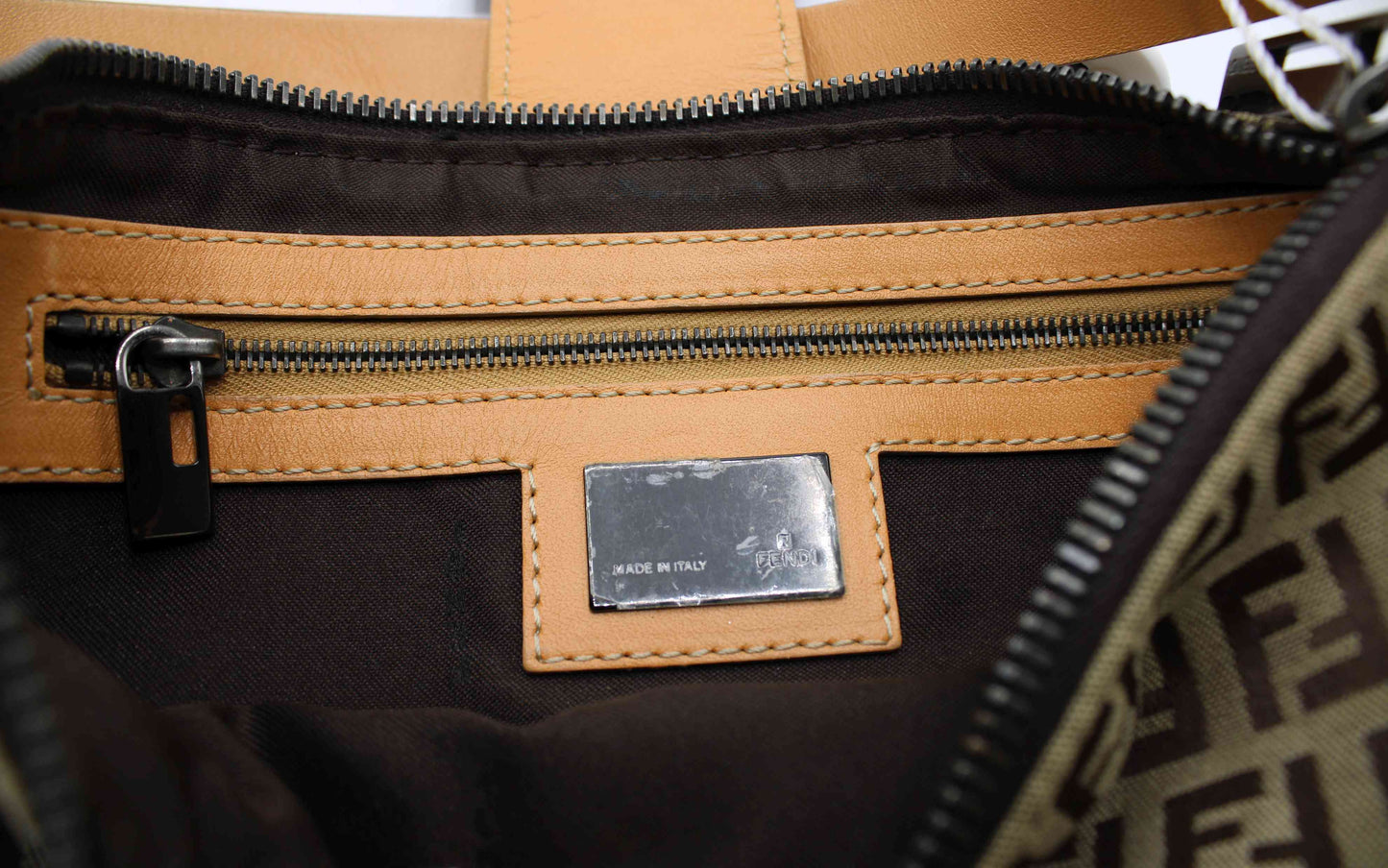 Fendi Beige Zucca Canvas Leather Baguette Shoulder Bag