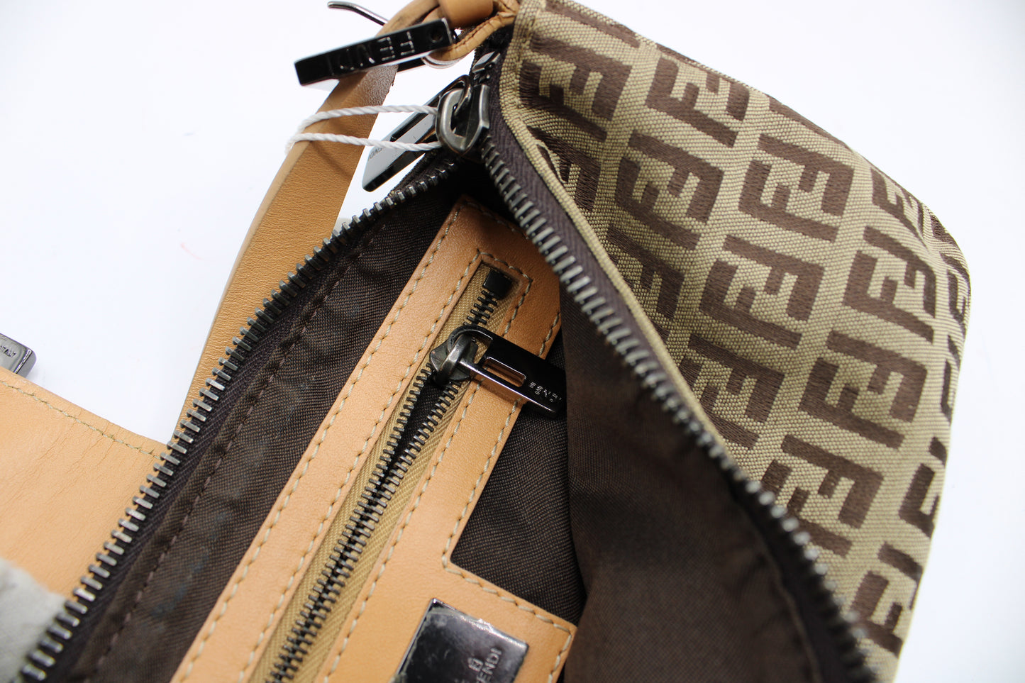 Fendi Beige Zucca Canvas Leather Baguette Shoulder Bag