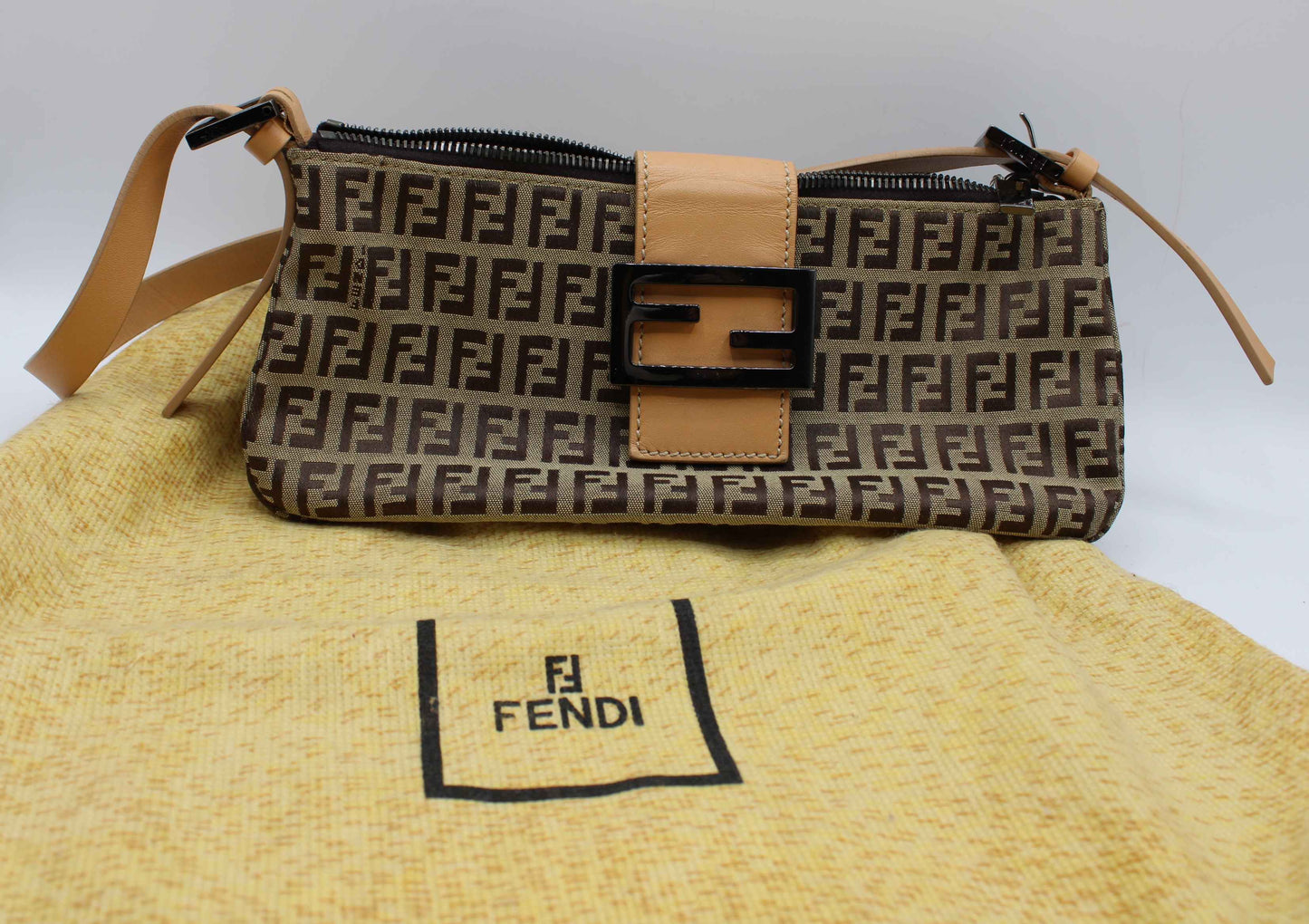 Fendi Beige Zucca Canvas Leather Baguette Shoulder Bag