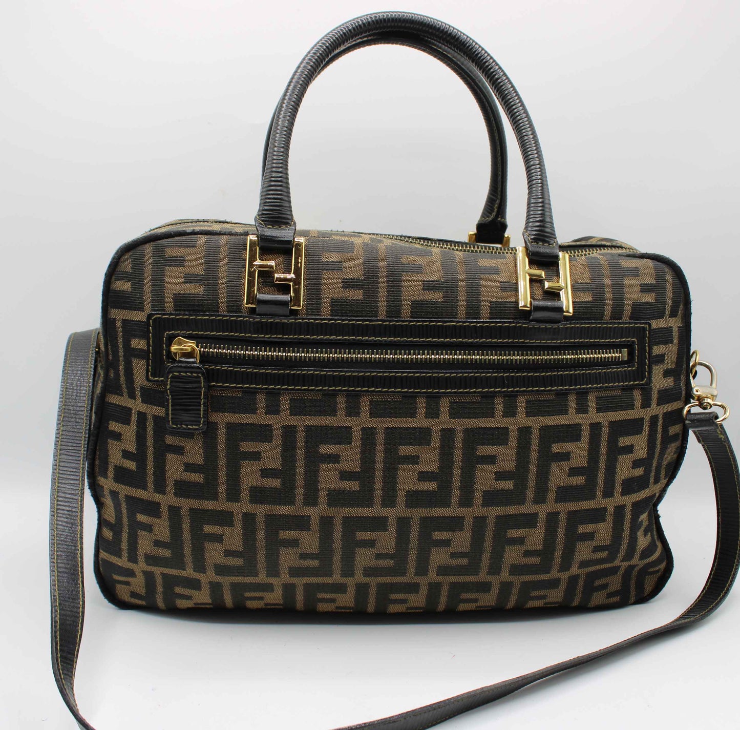 Fendi Zucca Brown Black Canvas Leather Boston Crossbody Bag