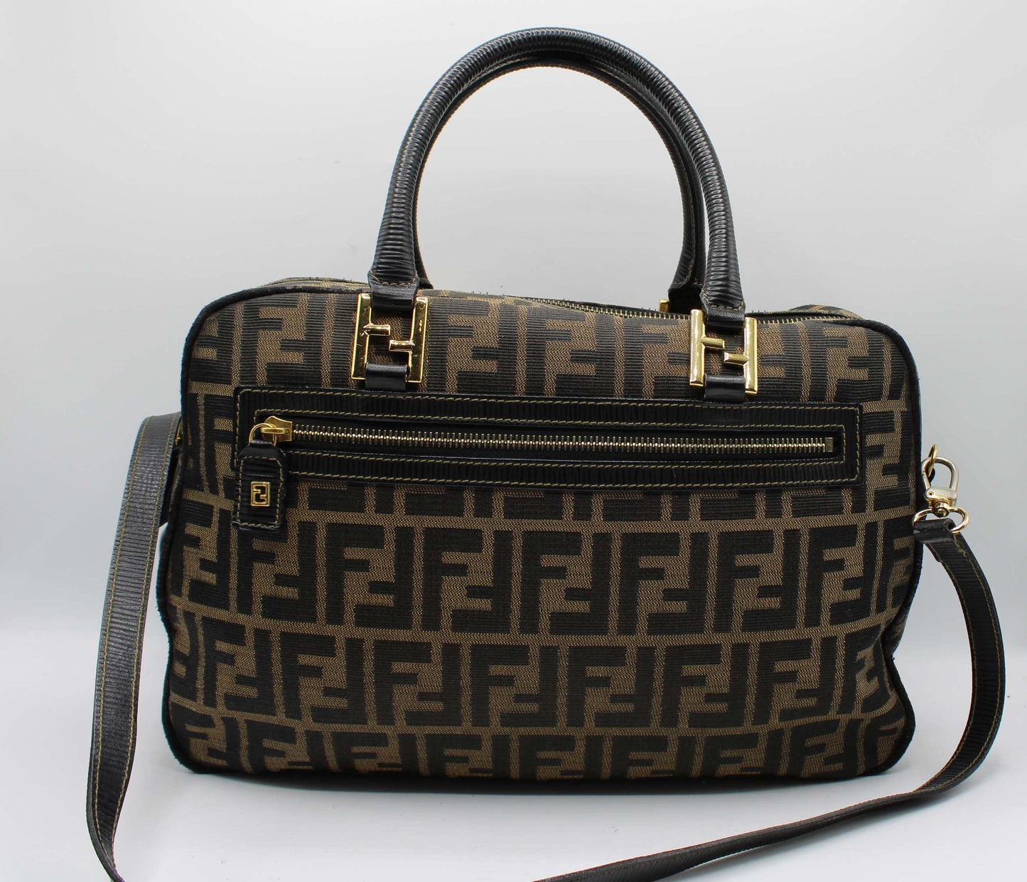 Fendi Zucca Brown Black Canvas Leather Boston Crossbody Bag