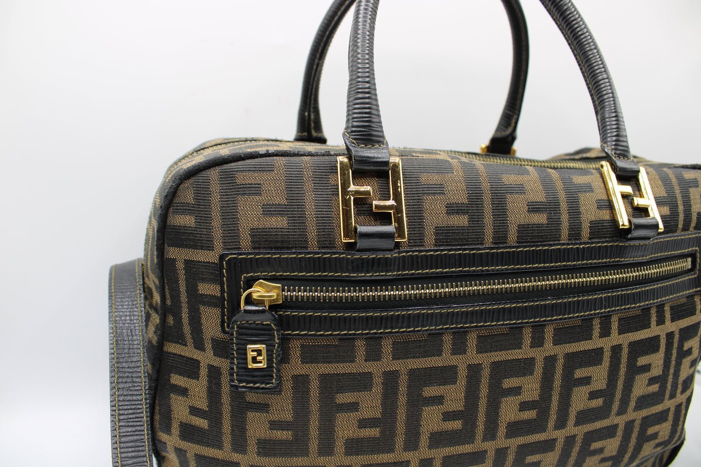 Fendi Zucca Brown Black Canvas Leather Boston Crossbody Bag