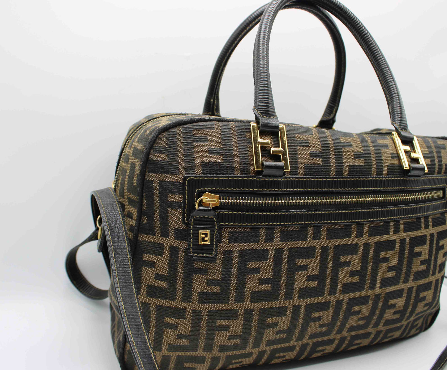 Fendi Zucca Brown Black Canvas Leather Boston Crossbody Bag