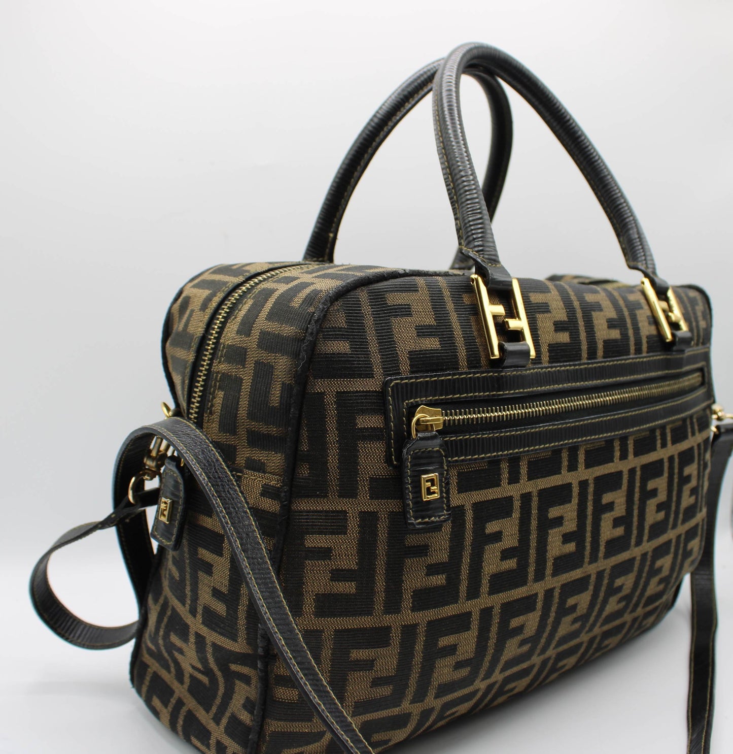 Fendi Zucca Brown Black Canvas Leather Boston Crossbody Bag