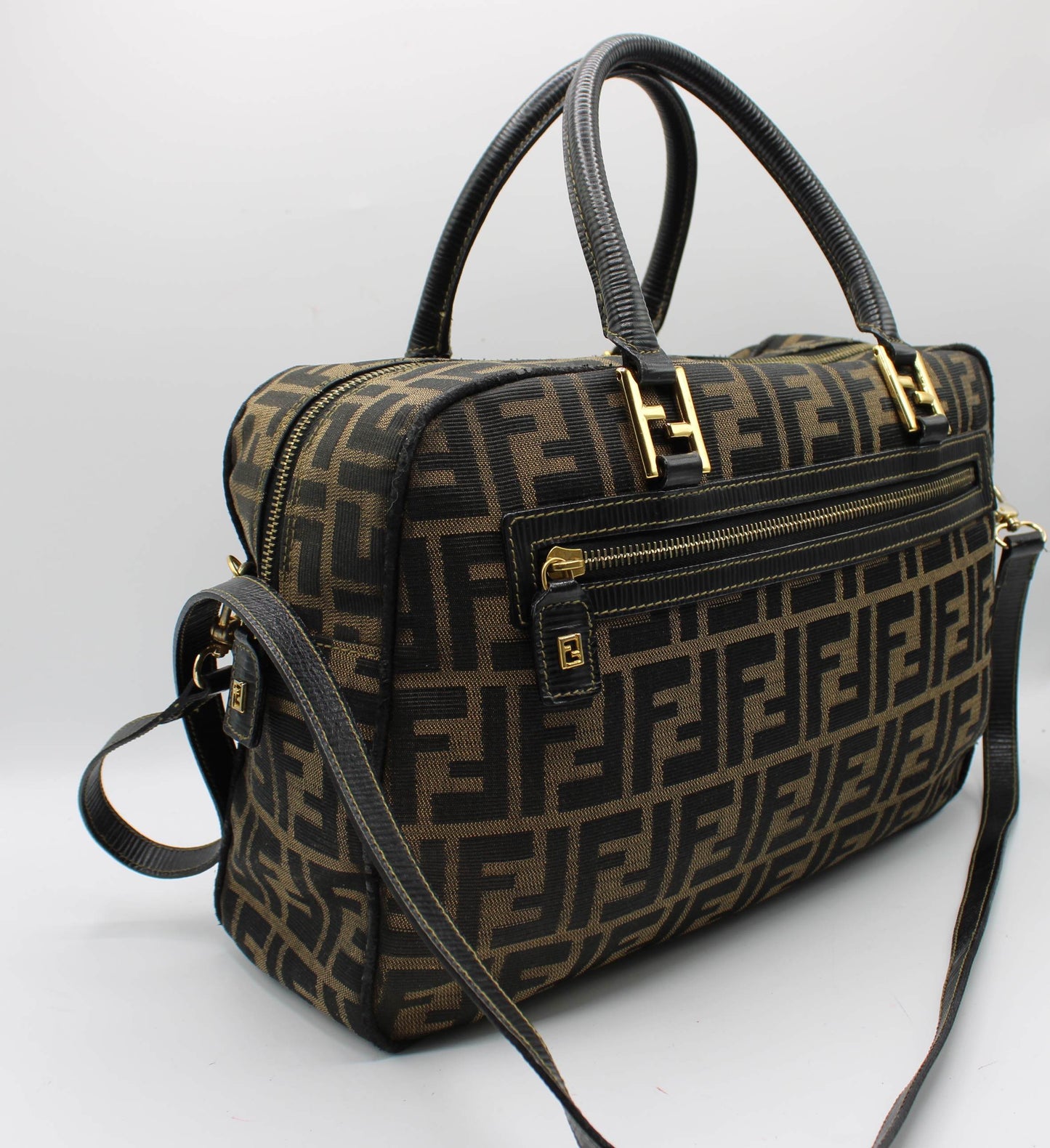 Fendi Zucca Brown Black Canvas Leather Boston Crossbody Bag