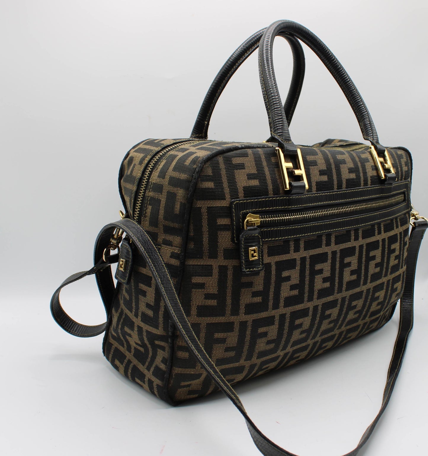 Fendi Zucca Brown Black Canvas Leather Boston Crossbody Bag