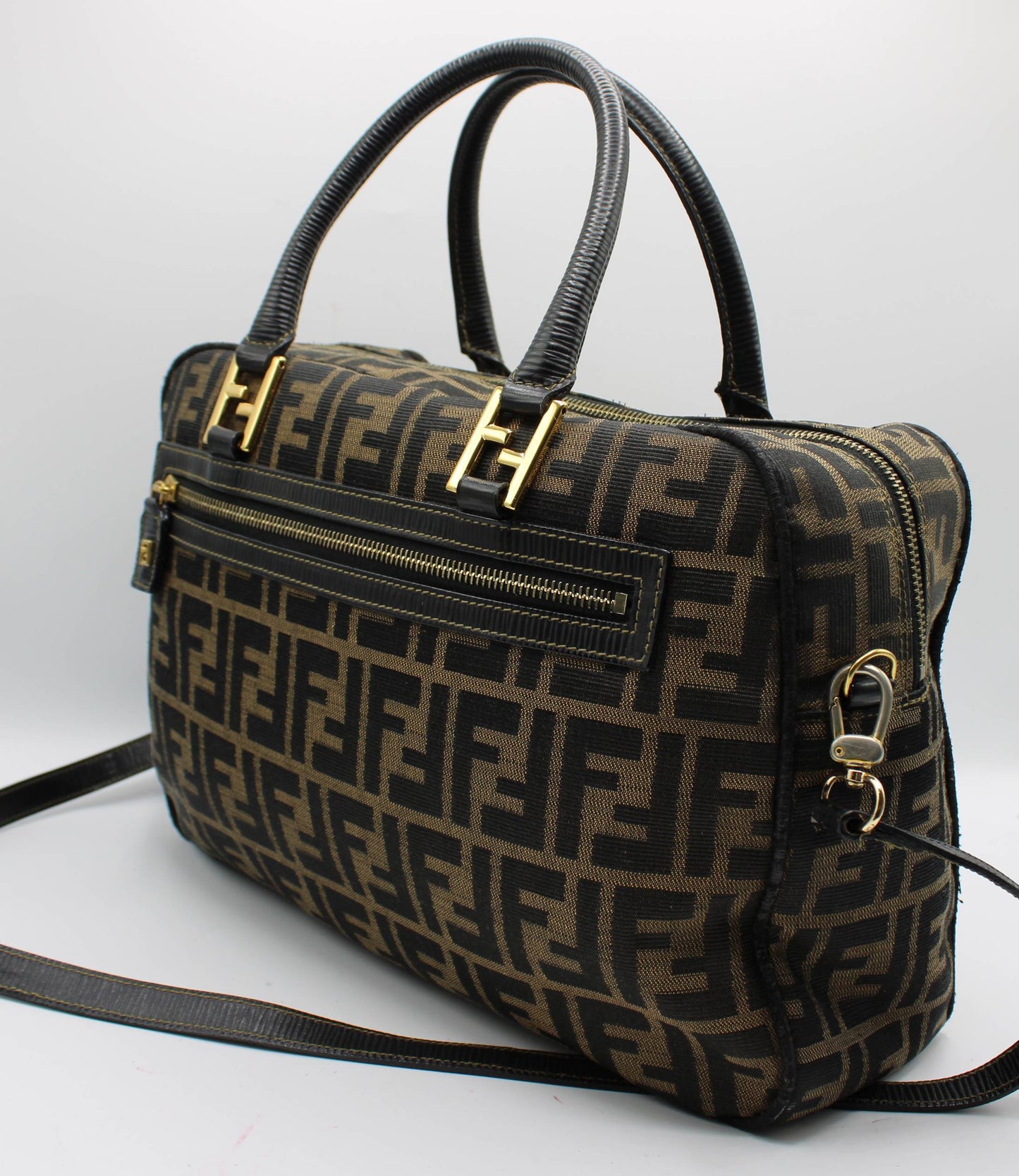 Fendi Zucca Brown Black Canvas Leather Boston Crossbody Bag