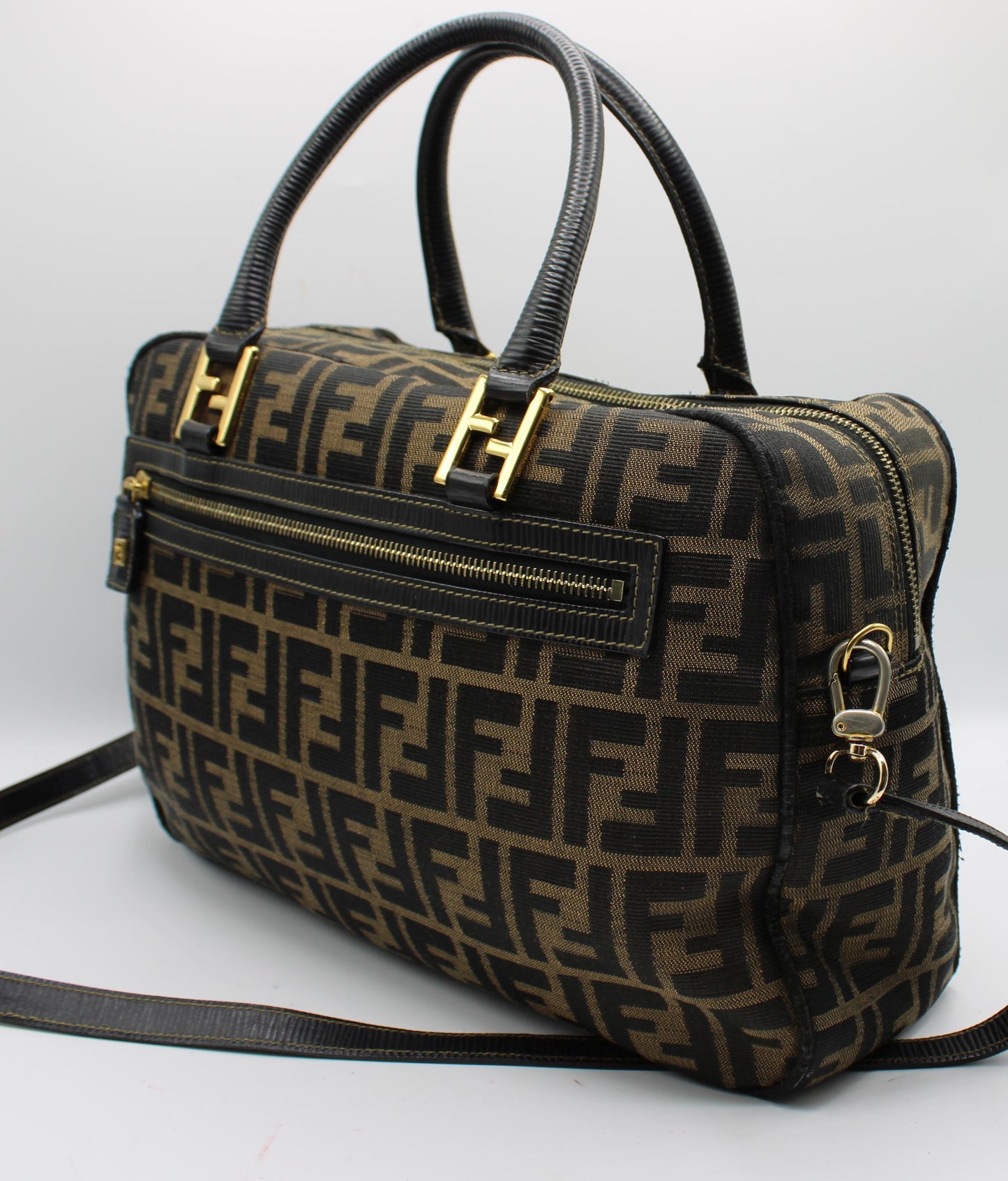 Fendi Zucca Brown Black Canvas Leather Boston Crossbody Bag
