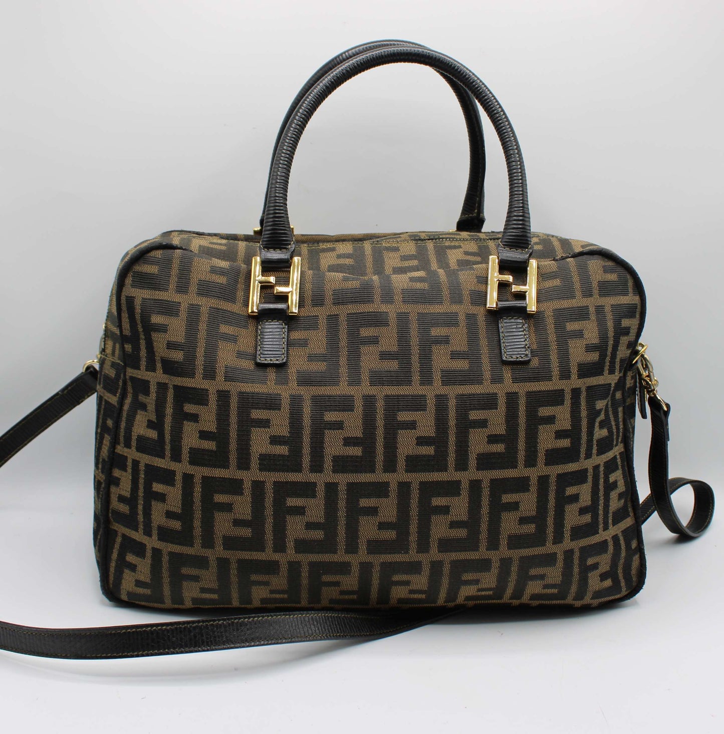 Fendi Zucca Brown Black Canvas Leather Boston Crossbody Bag