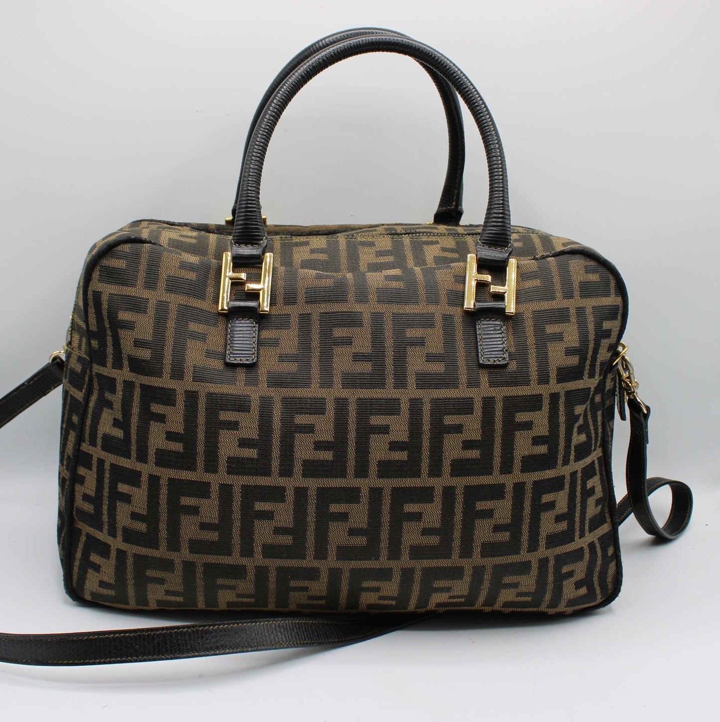 Fendi Zucca Brown Black Canvas Leather Boston Crossbody Bag