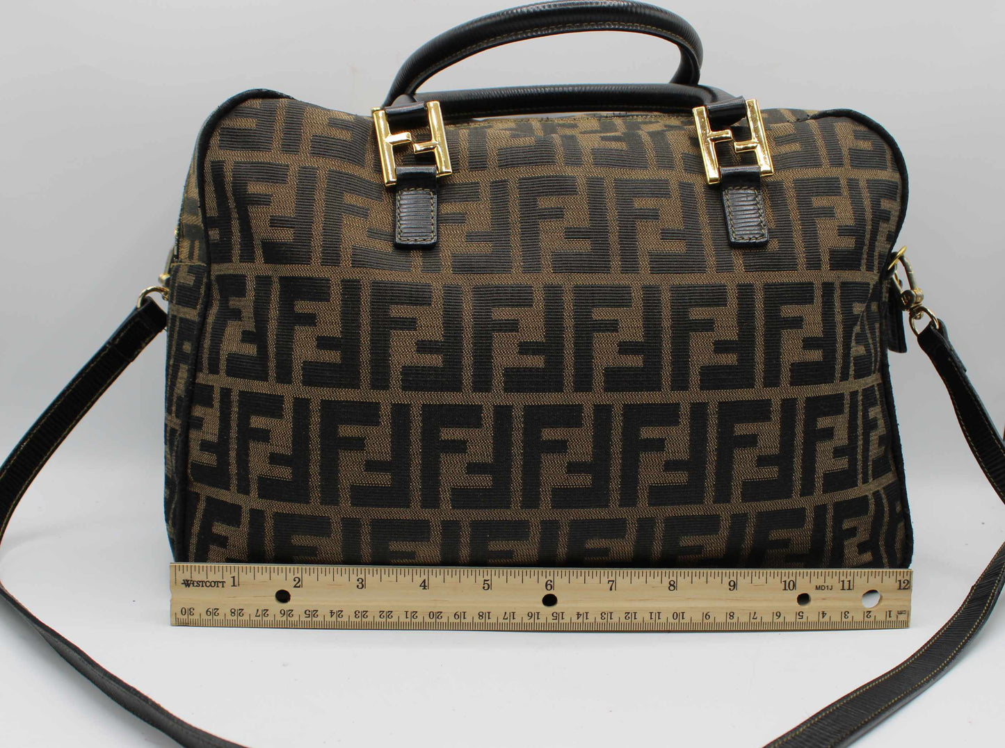 Fendi Zucca Brown Black Canvas Leather Boston Crossbody Bag
