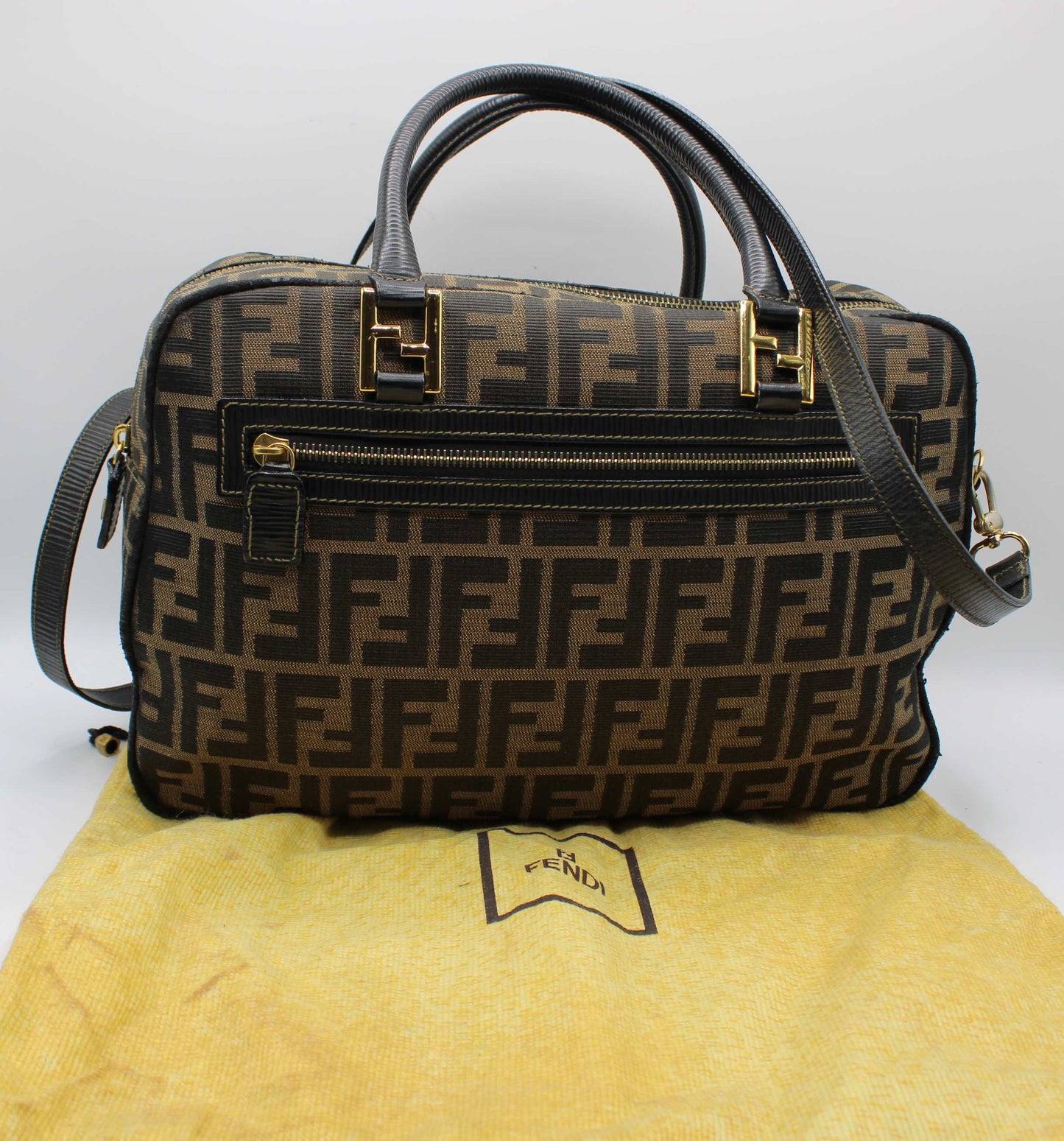 Fendi Zucca Brown Black Canvas Leather Boston Crossbody Bag