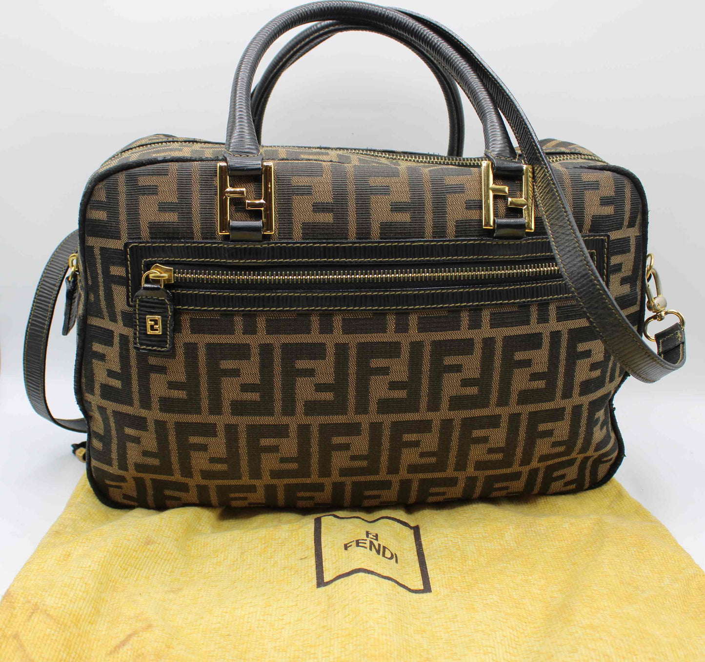 Fendi Zucca Brown Black Canvas Leather Boston Crossbody Bag