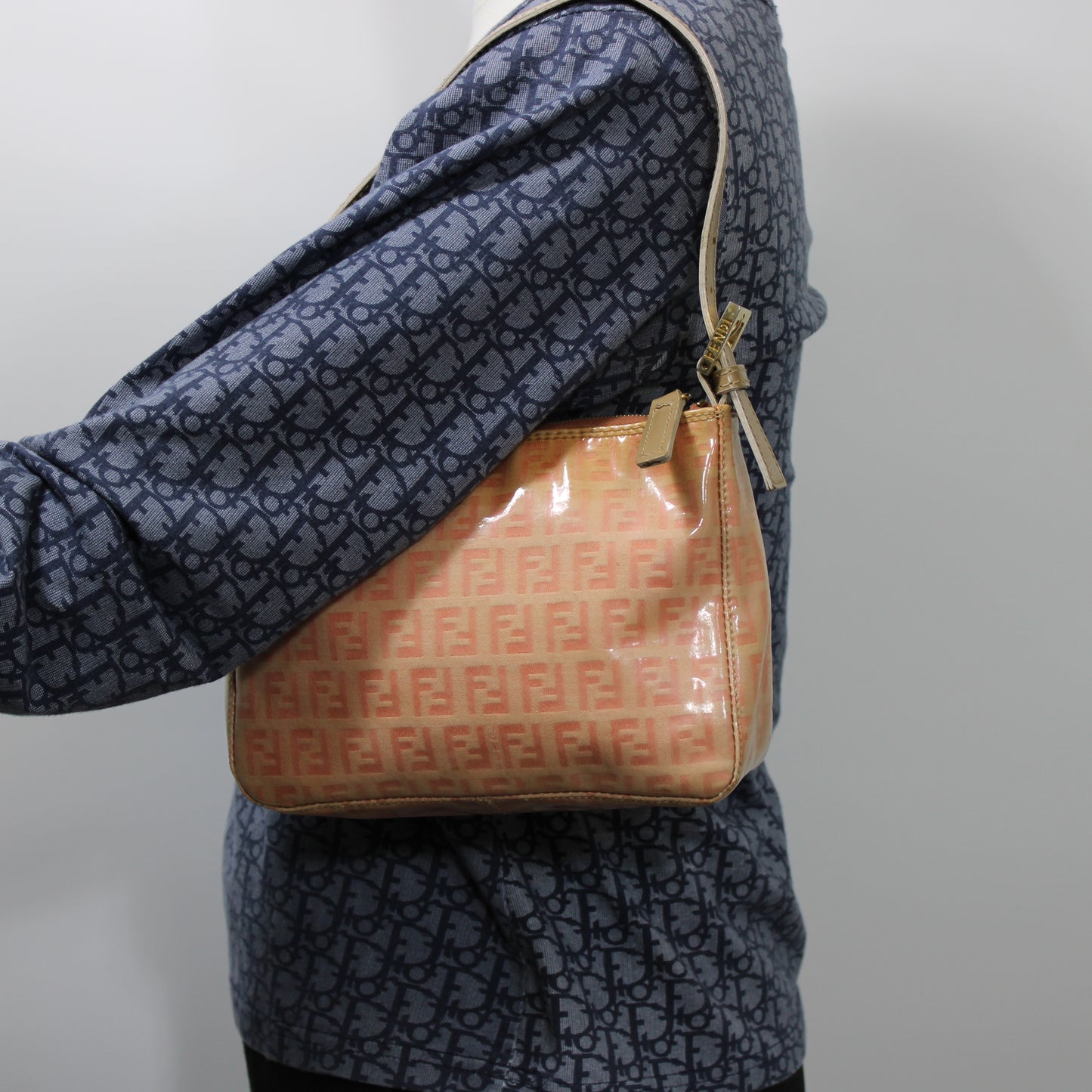 Fendi Pink Peach Patent Zucca Canvas Shoulder Bag