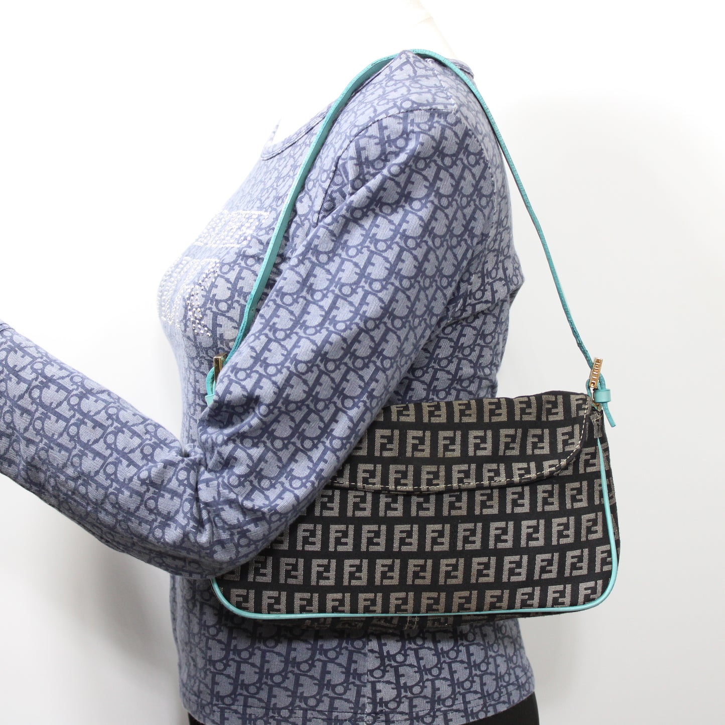 Fendi Black Blue Zucchino Canvas Flap Shoulder Bag