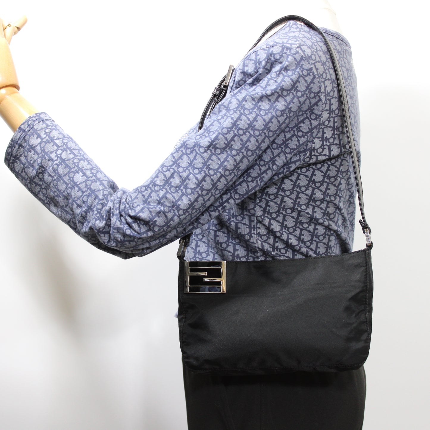 Fendi Black Nylon Leather FF Logo Shoulder Bag