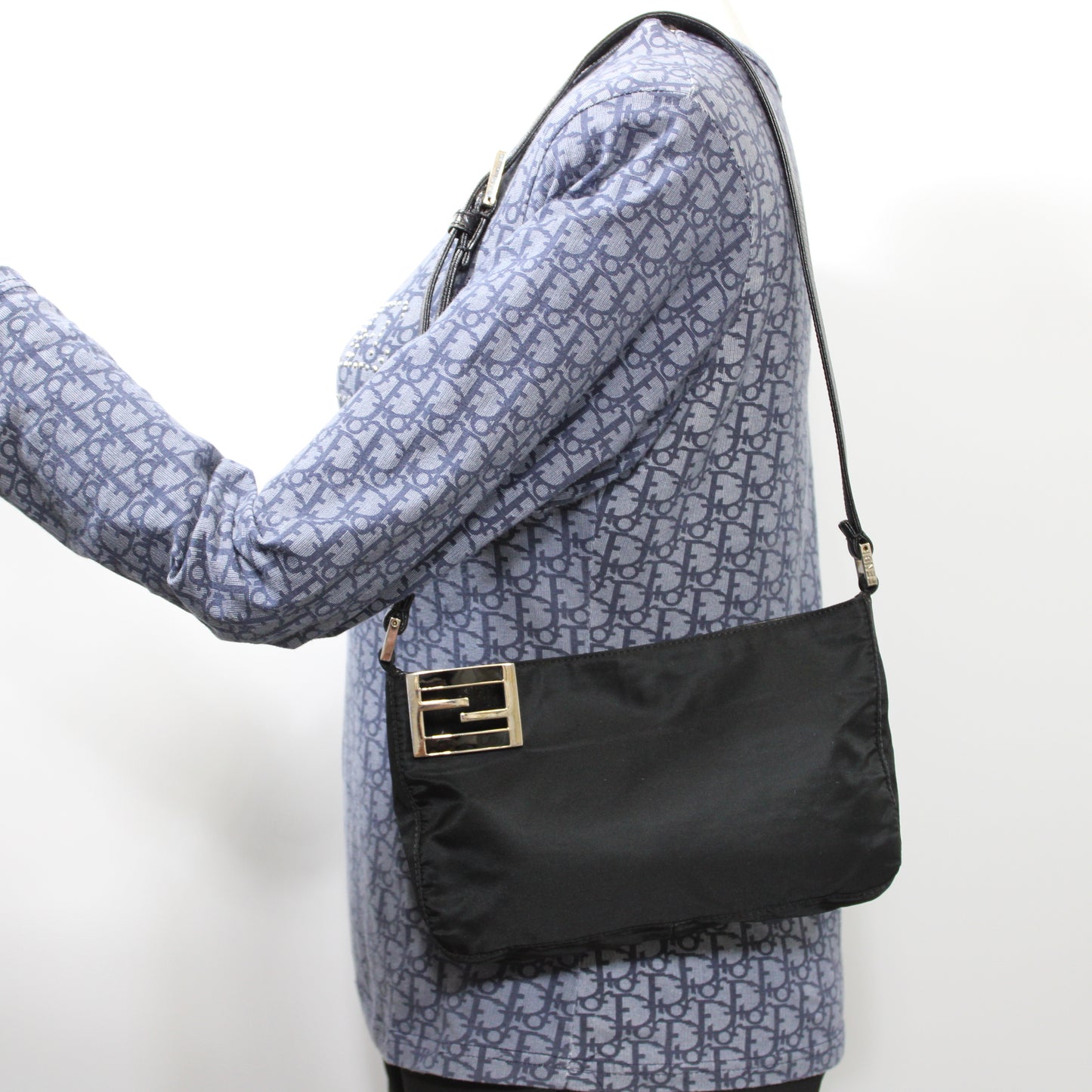 Fendi Black Nylon Leather FF Logo Shoulder Bag