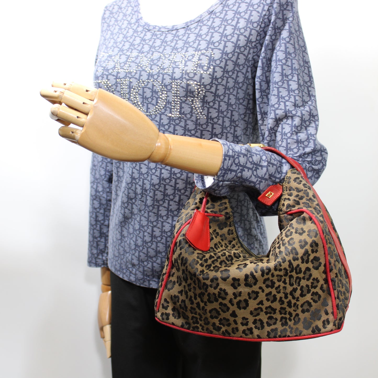 Fendi Brown Leopard Print Red Leather Trim Hand Bag