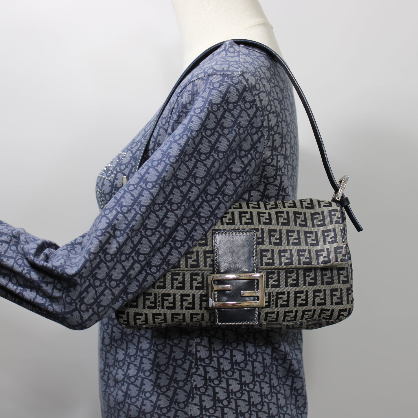 Fendi Navy Zucca Canvas Leather Baguette Shoulder Bag