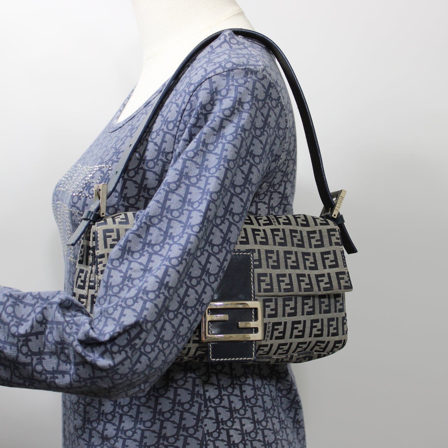Fendi Navy Zucca Canvas Leather Baguette Shoulder Bag