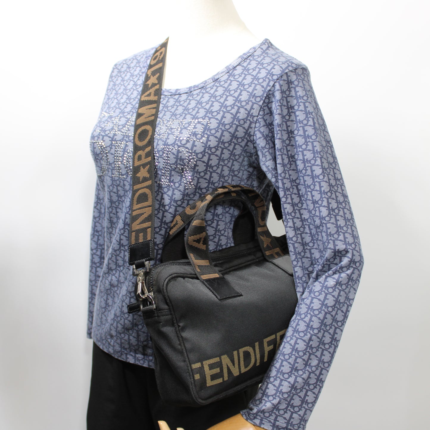 Fendi Black Nylon Canvas Roma Star Boston Crossbody Bag