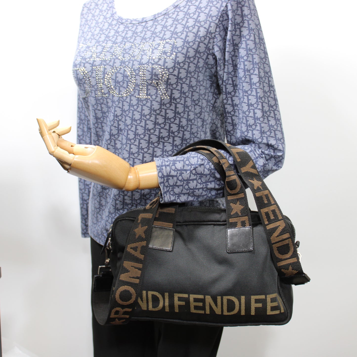 Fendi Black Nylon Canvas Roma Star Boston Crossbody Bag
