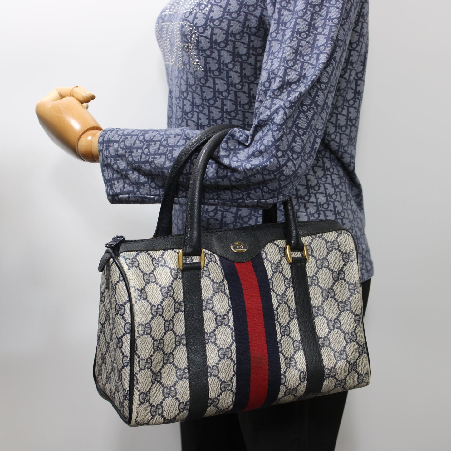 Gucci Navy GG Supreme Web Stripe Canvas Boston Bag