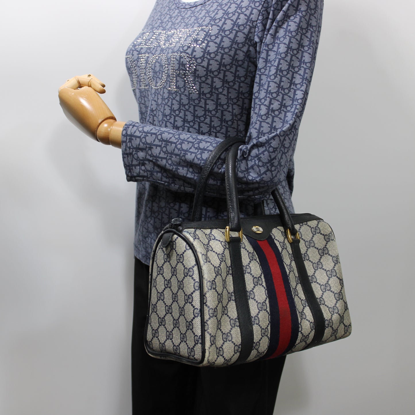 Gucci Navy GG Supreme Web Stripe Canvas Boston Bag