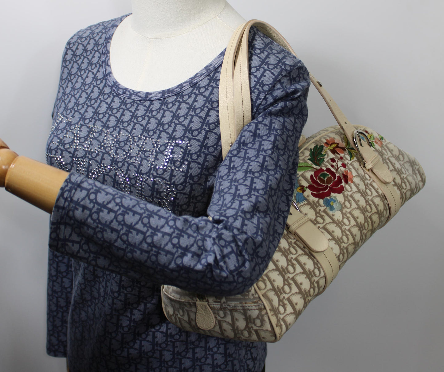 Christian Dior Beige Trotter Embroidered Canvas Bowler Bag