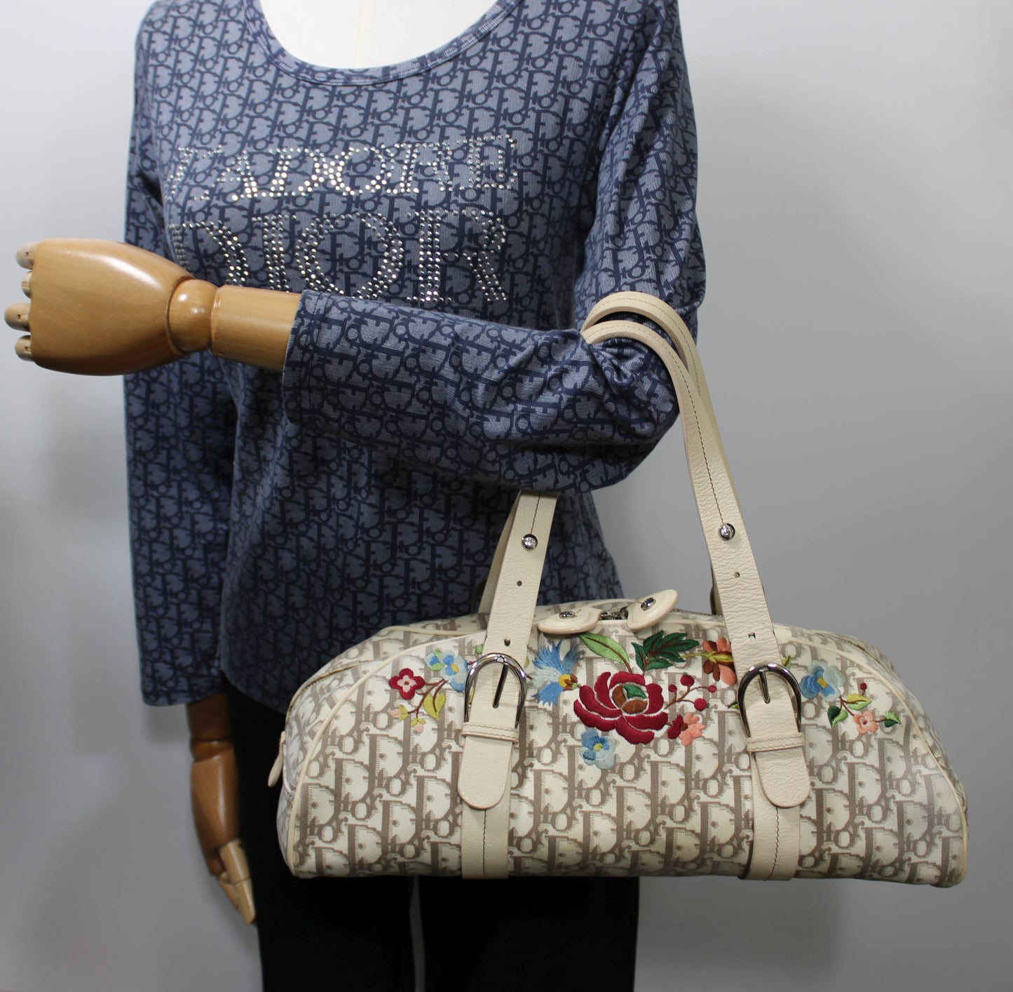 Christian Dior Beige Trotter Embroidered Canvas Bowler Bag