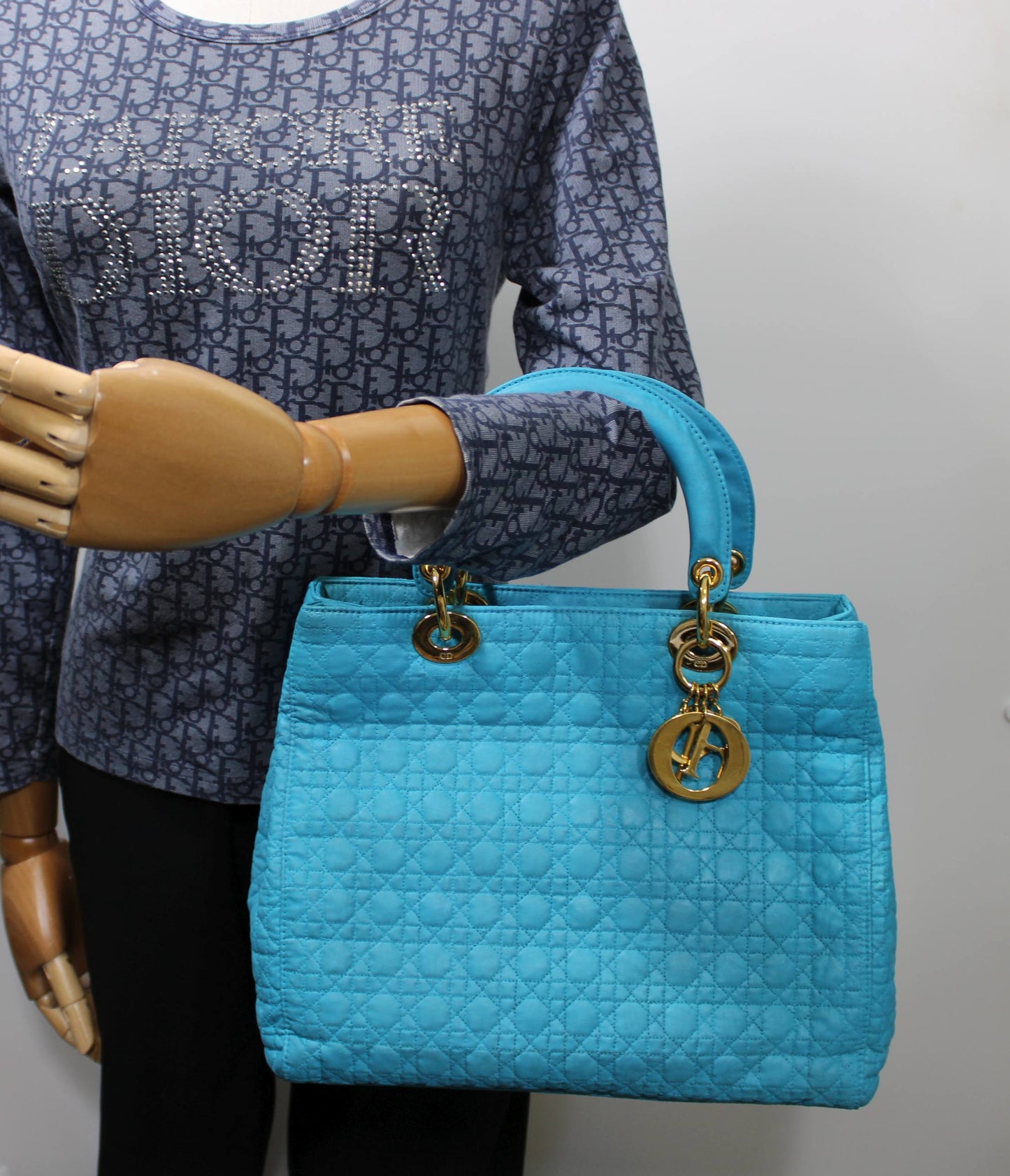Christian Dior Turquoise Cannage Quilted Cloth Lady Dior Hand Bag