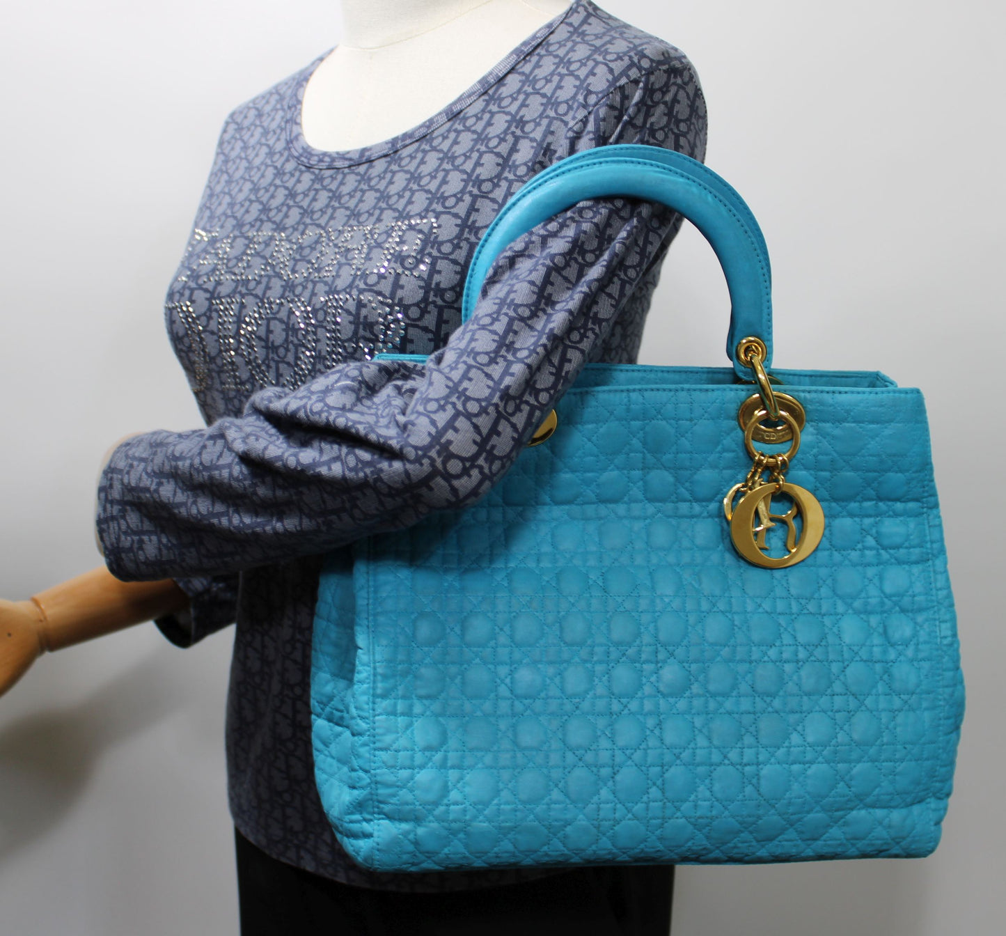 Christian Dior Turquoise Cannage Quilted Cloth Lady Dior Hand Bag