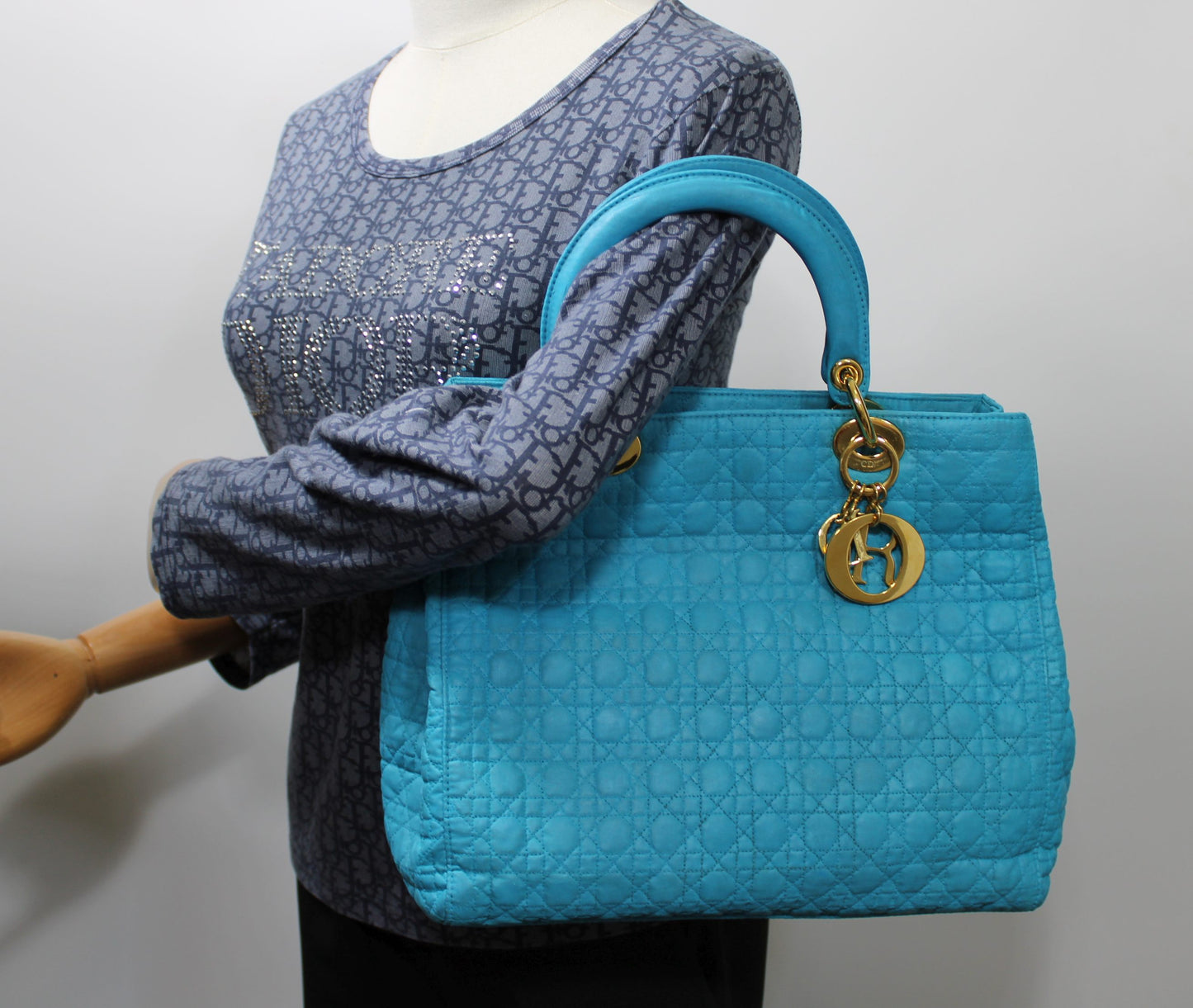 Christian Dior Turquoise Cannage Quilted Cloth Lady Dior Hand Bag
