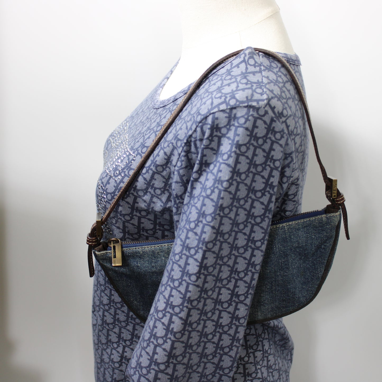 Fendi Blue Denim Leather Boat Shoulder Bag