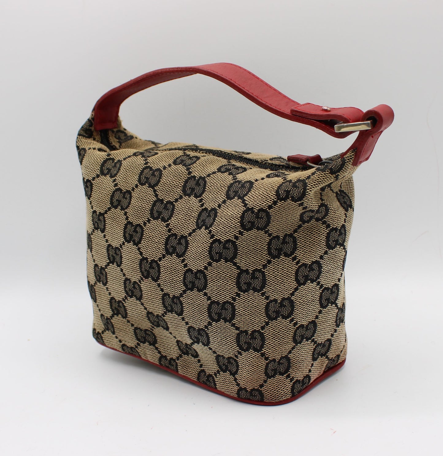 Gucci Beige GG Canvas Red Leather Single Handle Pouch Bag