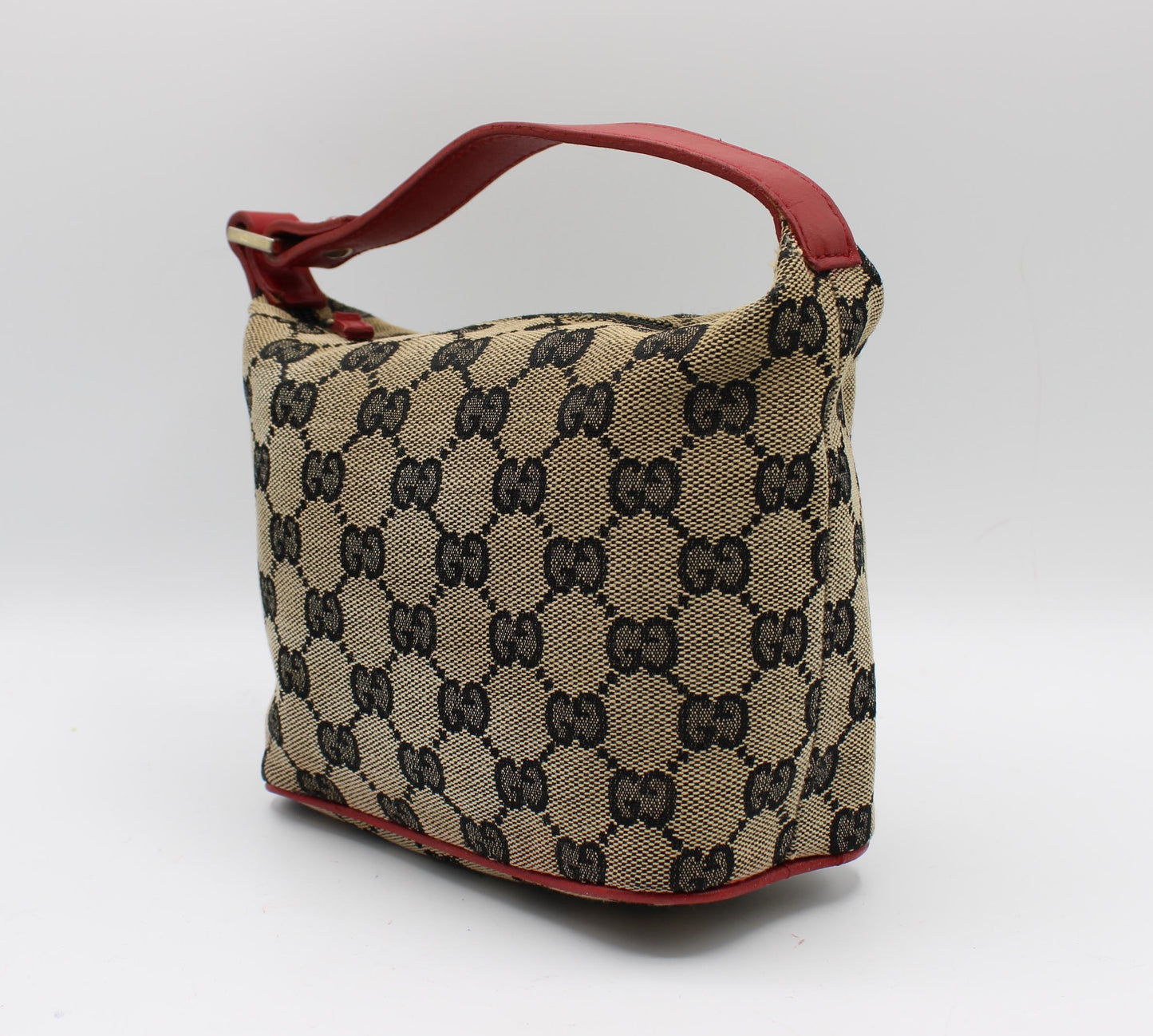 Gucci Beige GG Canvas Red Leather Single Handle Pouch Bag