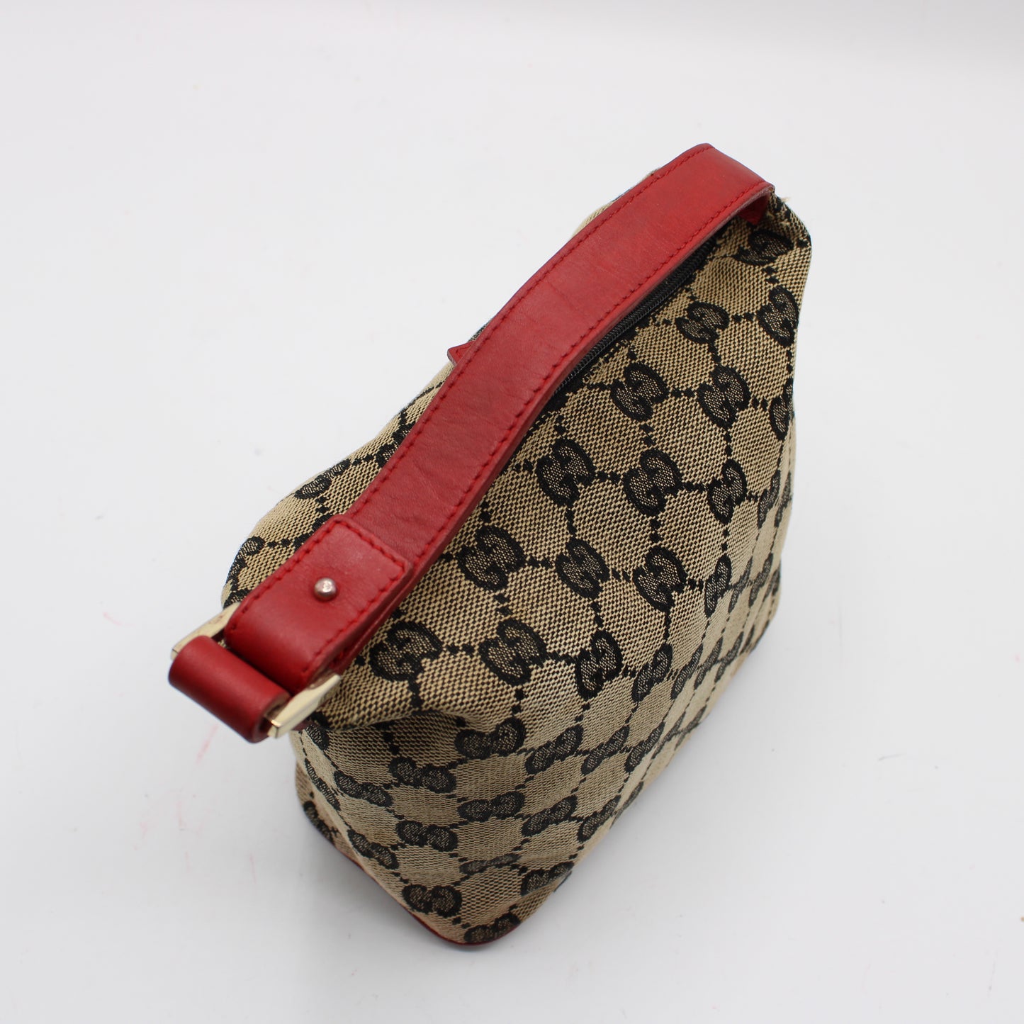 Gucci Beige GG Canvas Red Leather Single Handle Pouch Bag