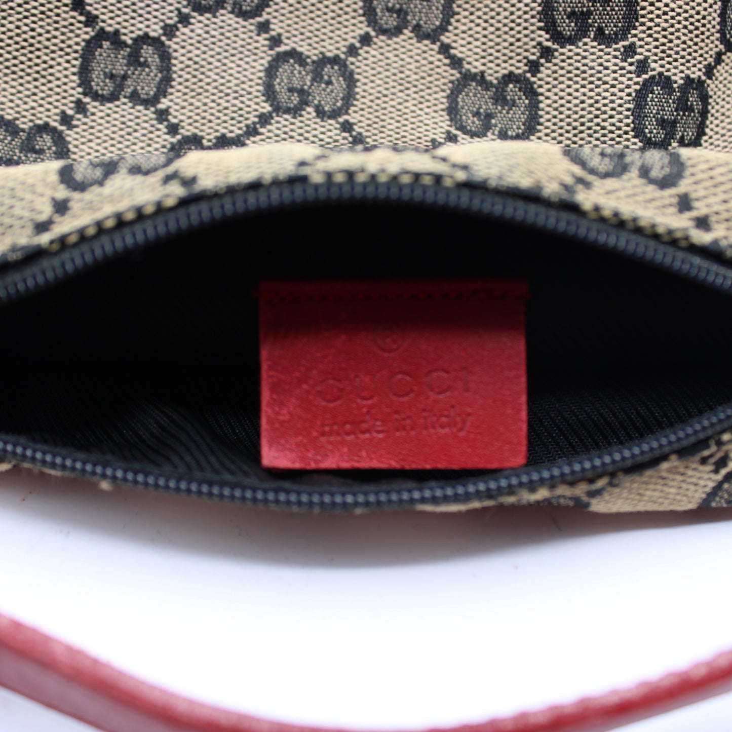 Gucci Beige GG Canvas Red Leather Single Handle Pouch Bag