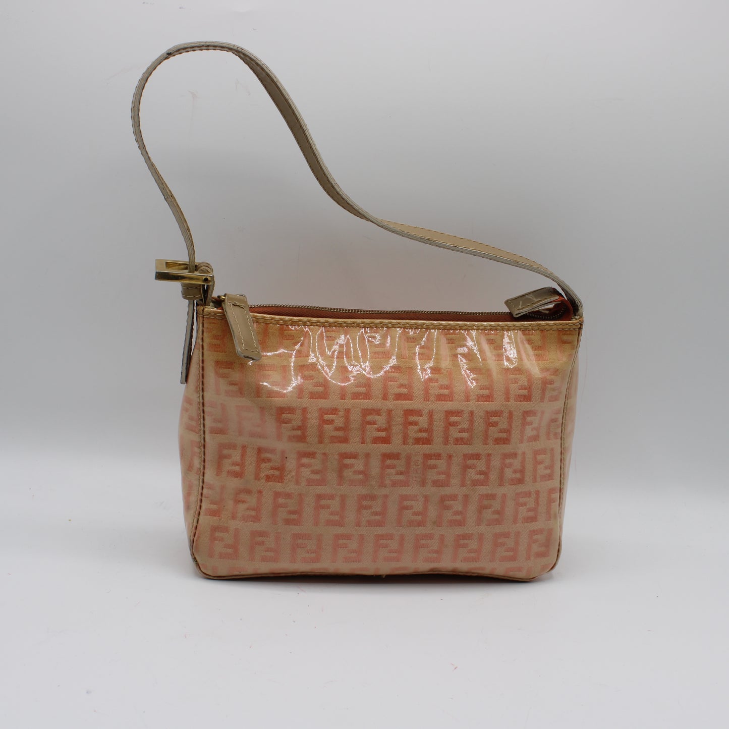 Fendi Pink Peach Patent Zucca Canvas Shoulder Bag