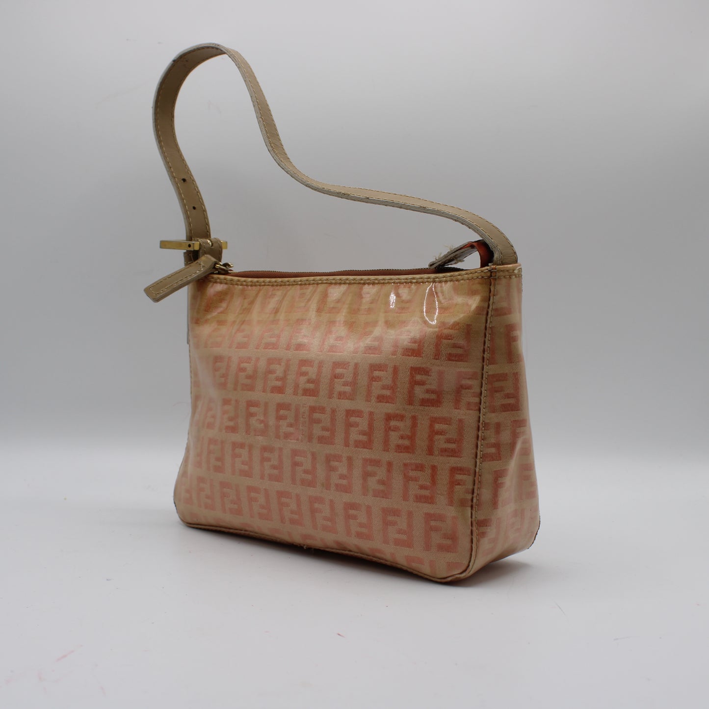 Fendi Pink Peach Patent Zucca Canvas Shoulder Bag