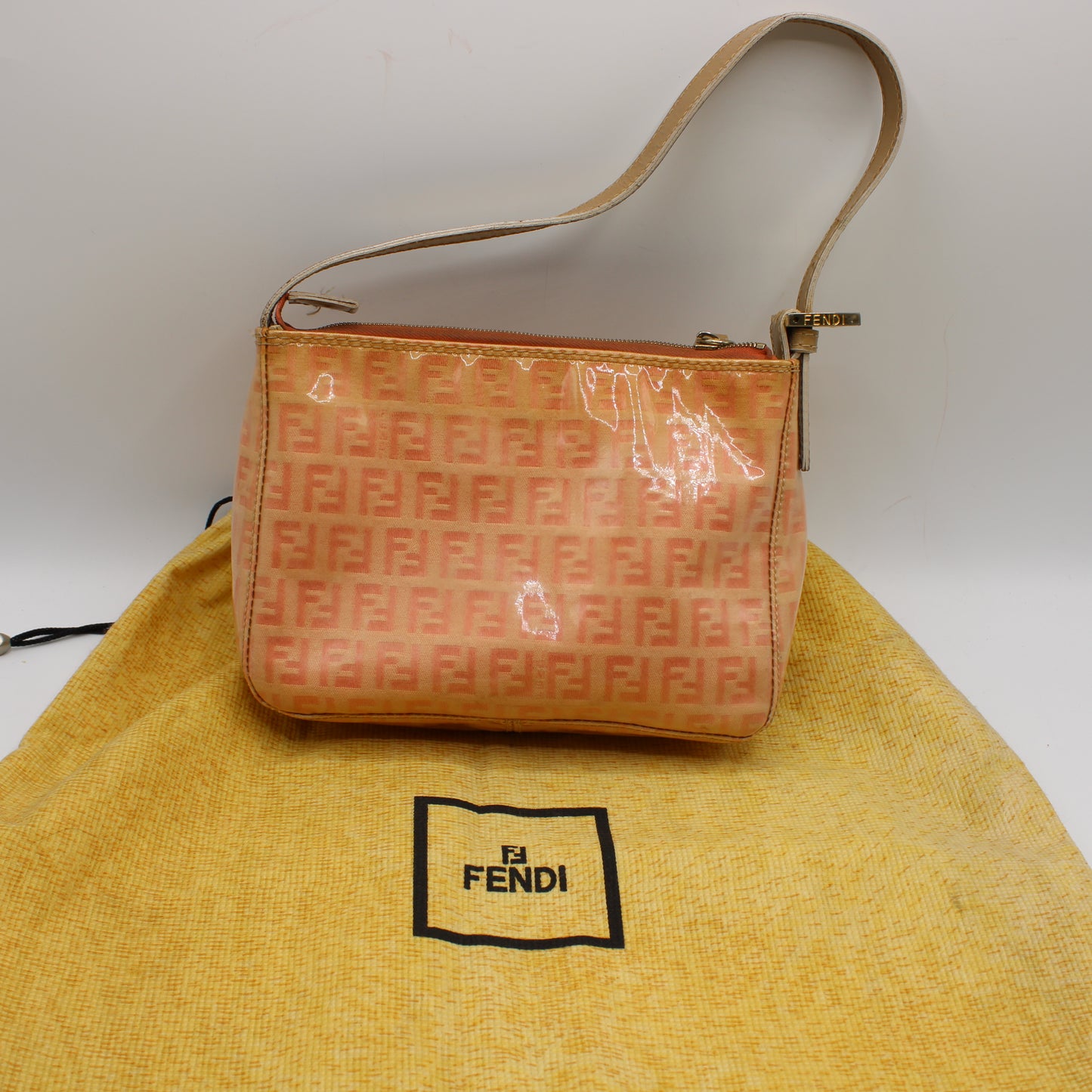 Fendi Pink Peach Patent Zucca Canvas Shoulder Bag