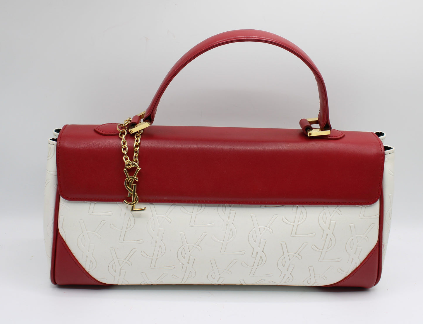 Yves Saint Laurent White Red Embossed Logo Leather Flap Hand Bag