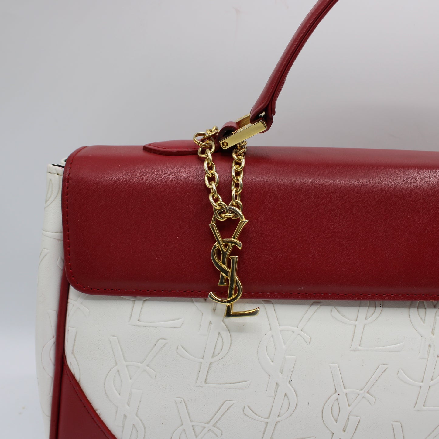 Yves Saint Laurent White Red Embossed Logo Leather Flap Hand Bag