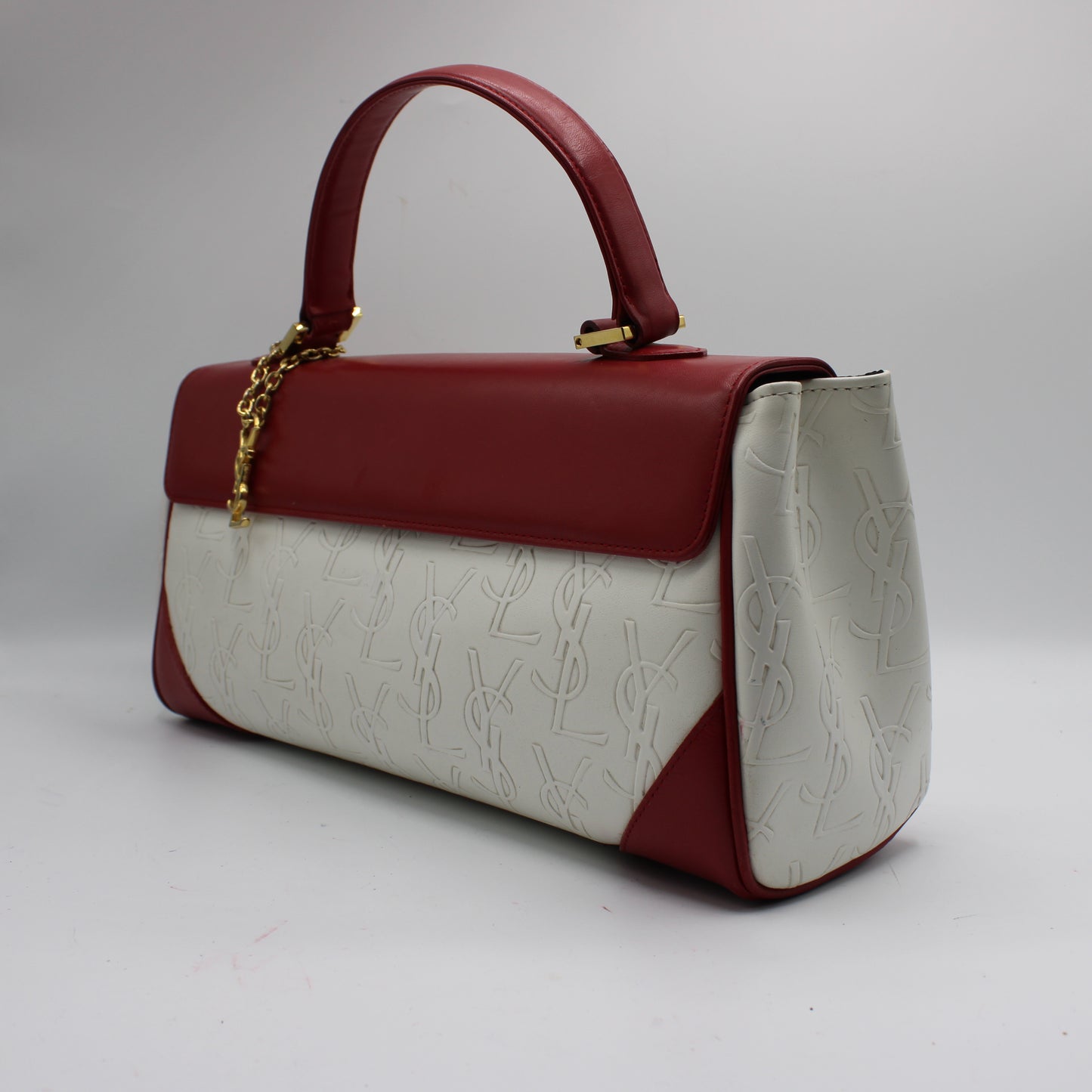 Yves Saint Laurent White Red Embossed Logo Leather Flap Hand Bag