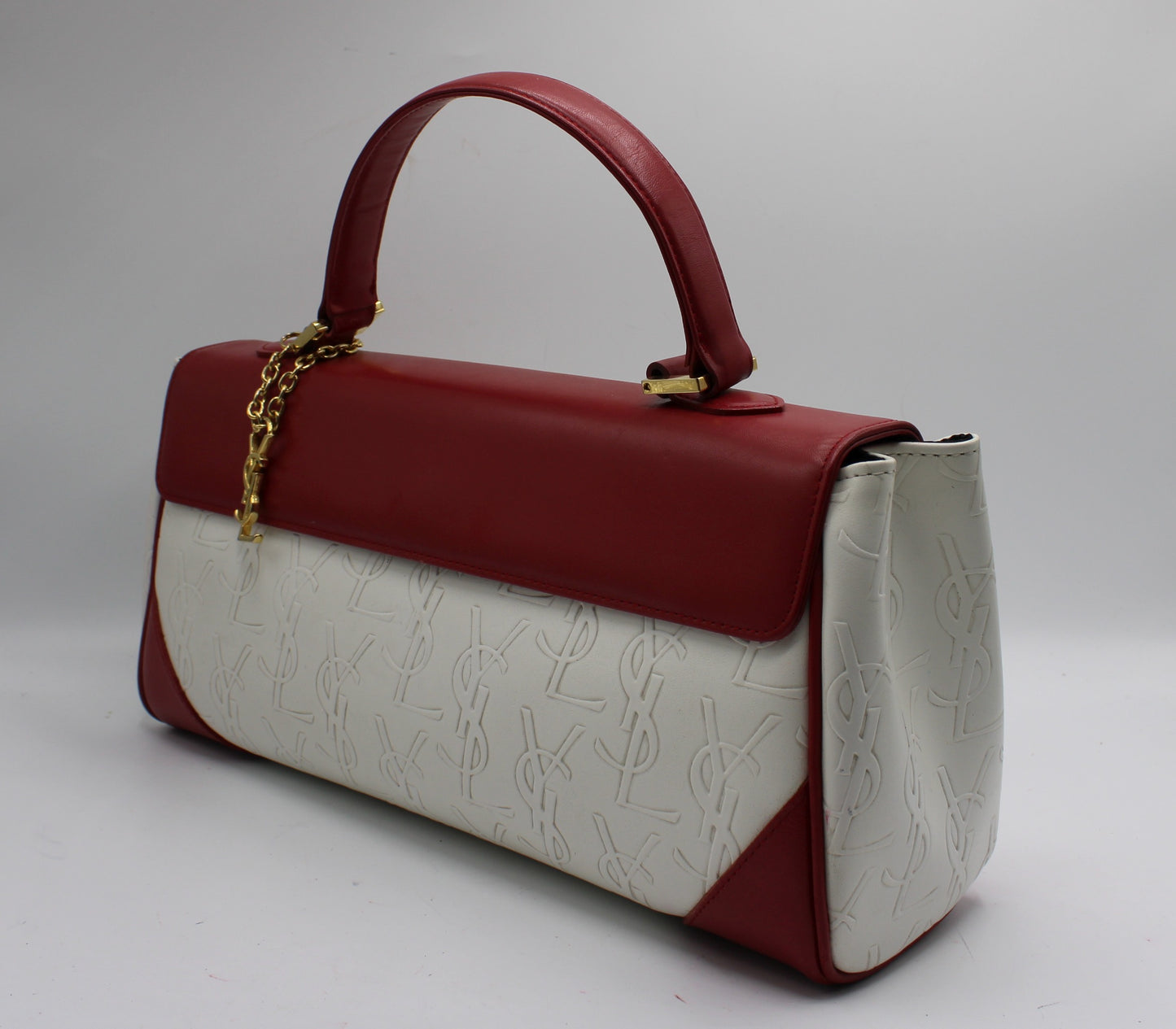 Yves Saint Laurent White Red Embossed Logo Leather Flap Hand Bag