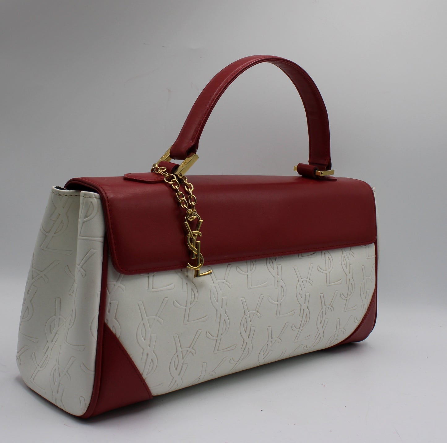 Yves Saint Laurent White Red Embossed Logo Leather Flap Hand Bag
